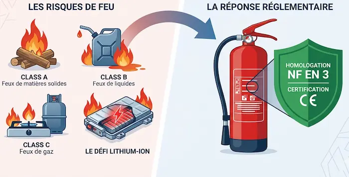 Extincteurs : classes de feux, agents extincteurs et normes d'homologation — pourquoi les "extincteurs lithium" n'existent pas réglementairement