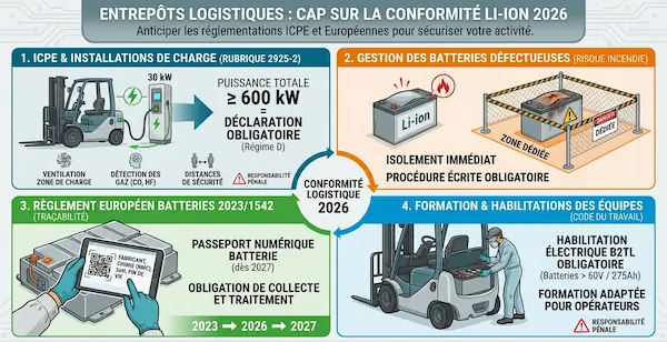 Entrepôts logistiques : batteries Li-ion de vos chariots élévateurs, ce que la réglementation impose en 2026