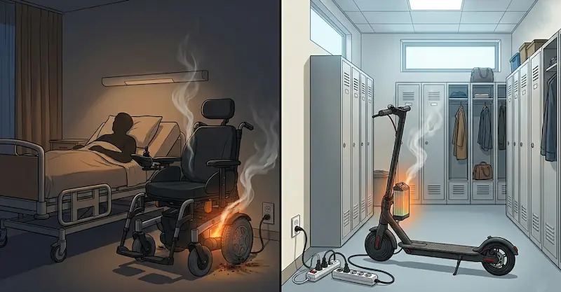 EHPAD : fauteuils roulants électriques, trottinettes du personnel, scooters PMR — le risque incendie et Li-ion que personne ne voit.