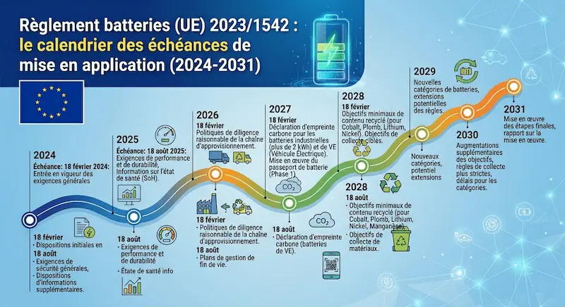 Règlement batteries (UE) 2023/1542 : le calendrier des échéances de mise en application (2024-2031)