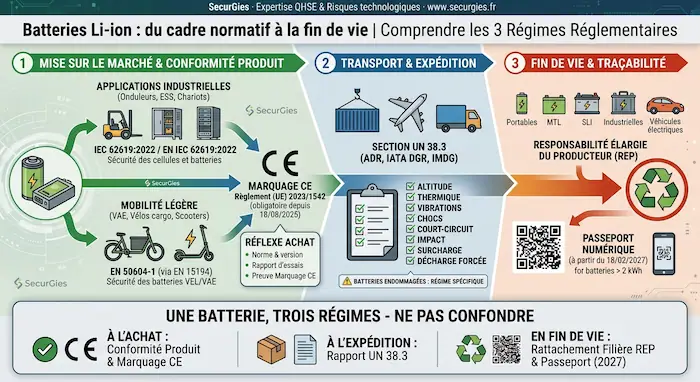 Batteries Li-ion, du cadre normatif à la fin de vie : IEC 62619, EN 50604-1, UN 38.3 et obligations REP